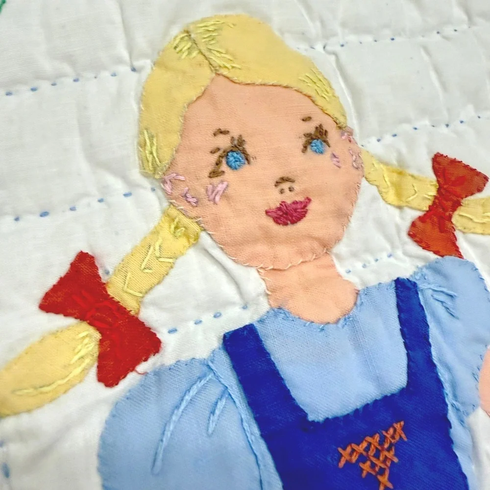 C.1930s Hand Appliqué Quilt Farm Children Pictorial Folk Art 63.5